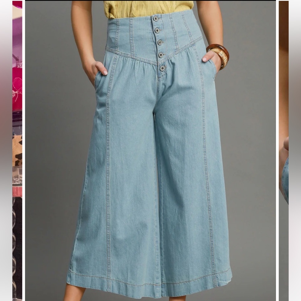 Umgee Light Blue Wide-Leg Denim Pants